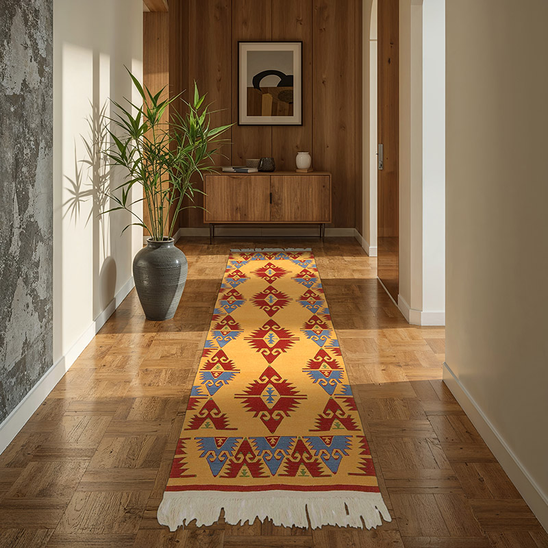 Amarillo, Rojo Nueva Alfombra Turca Kilim - 98 cm x 291 cm - K0021053