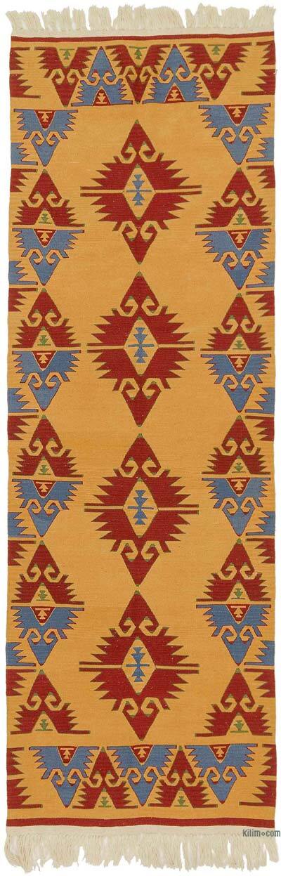Sarı, Kırmızı Yeni Kök Boya El Dokuma Kilim - 98 cm x 291 cm