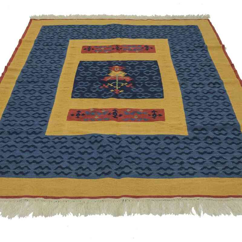 Azul Oscuro, Amarillo Nueva Alfombra Turca Kilim - 151 cm x 213 cm - K0021060