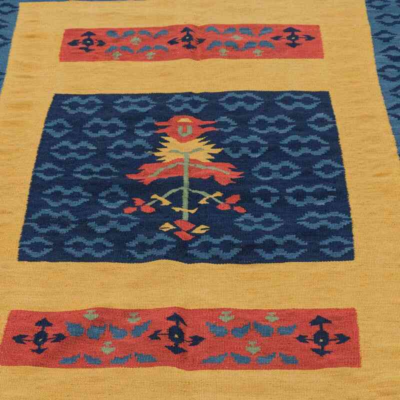 Azul Oscuro, Amarillo Nueva Alfombra Turca Kilim - 151 cm x 213 cm - K0021060