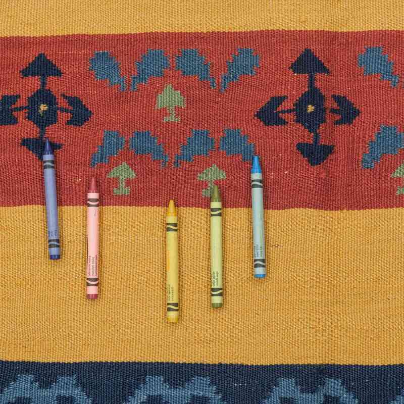 Azul Oscuro, Amarillo Nueva Alfombra Turca Kilim - 151 cm x 213 cm - K0021060