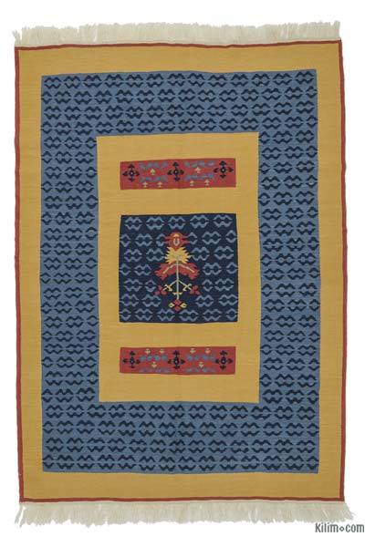 Blue, Yellow New Turkish Kilim Rug - 4' 11" x 7'  (59 in. x 84 in.)