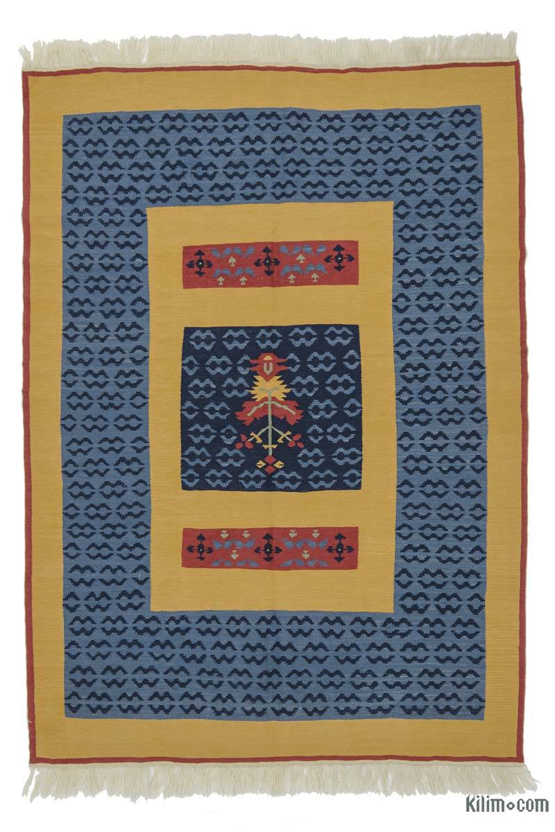 Azul Oscuro, Amarillo Nueva Alfombra Turca Kilim - 151 cm x 213 cm - K0021060
