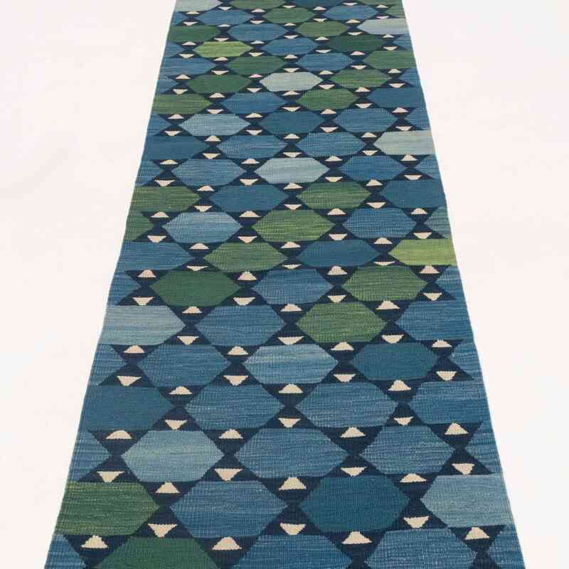 Blue, Green New Turkish Kilim Runner - K0025101