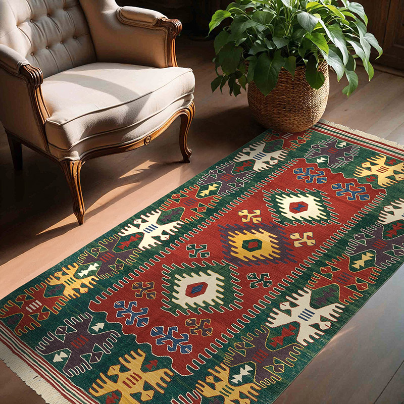 Kırmızı, Yeşil Yeni El Dokuma Kilim - K0027805