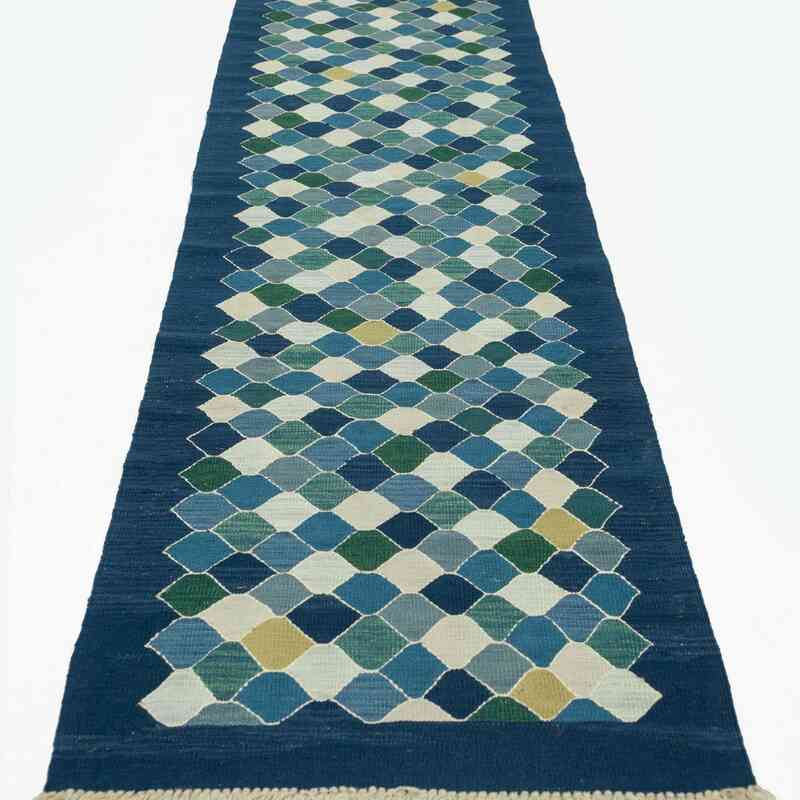 Lacivert, Açık Mavi Yeni Kök Boya Yolluk Kilim - 85 cm x 318 cm - K0028131