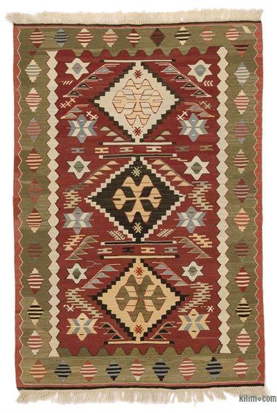 Kırmızı, Yeşil Yeni Kök Boya El Dokuma Kilim - 103 cm x 150 cm