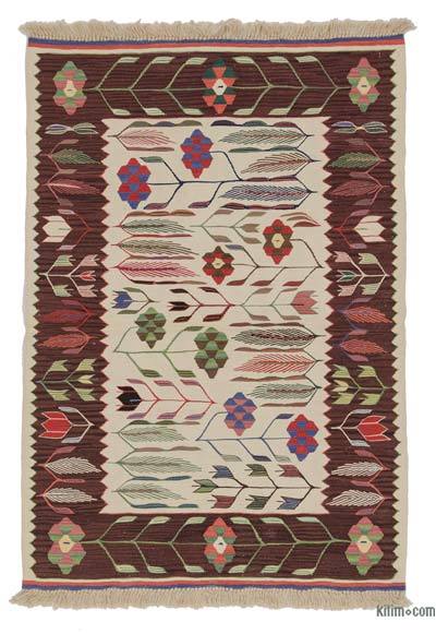 Bej, Kırmızı Yeni Kök Boya El Dokuma Kilim - 90 cm x 130 cm