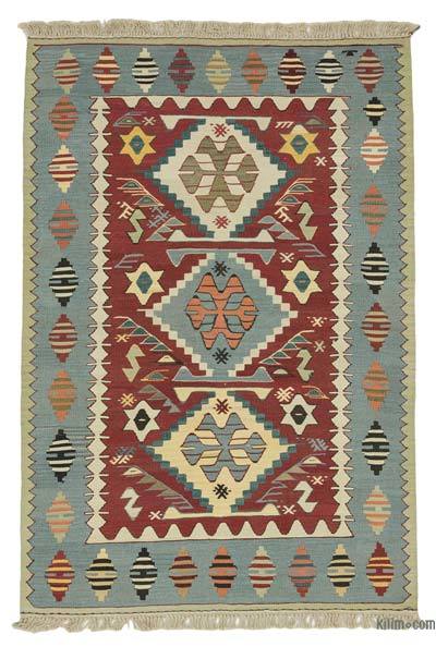 Kırmızı, Açık Mavi Yeni Kök Boya El Dokuma Kilim