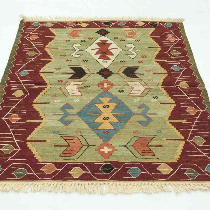 Yeşil, Kırmızı Yeni El Dokuma Kilim - K0028399