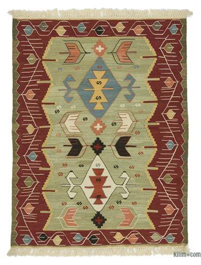 Yeşil, Kırmızı Yeni Kök Boya El Dokuma Kilim