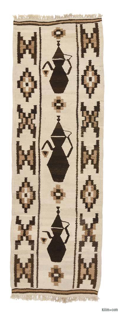 Bej, Kahverengi Vintage Anadolu Kilim Yolluk - 90 cm x 273 cm