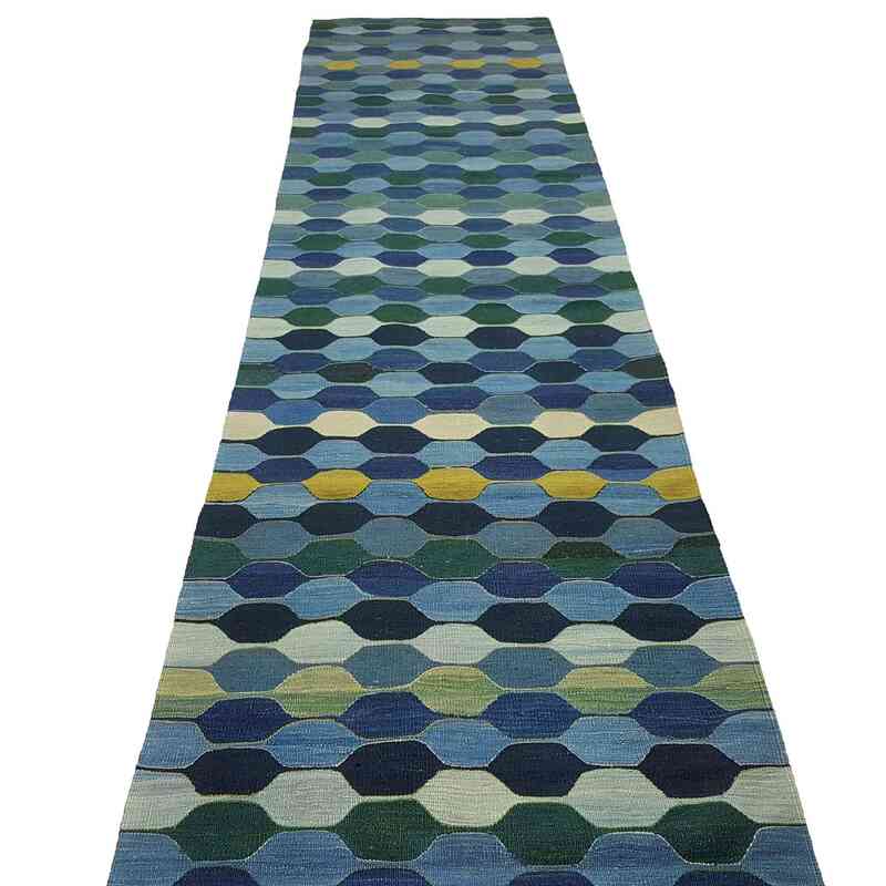 Blue, Green New Turkish Kilim Runner - K0033163