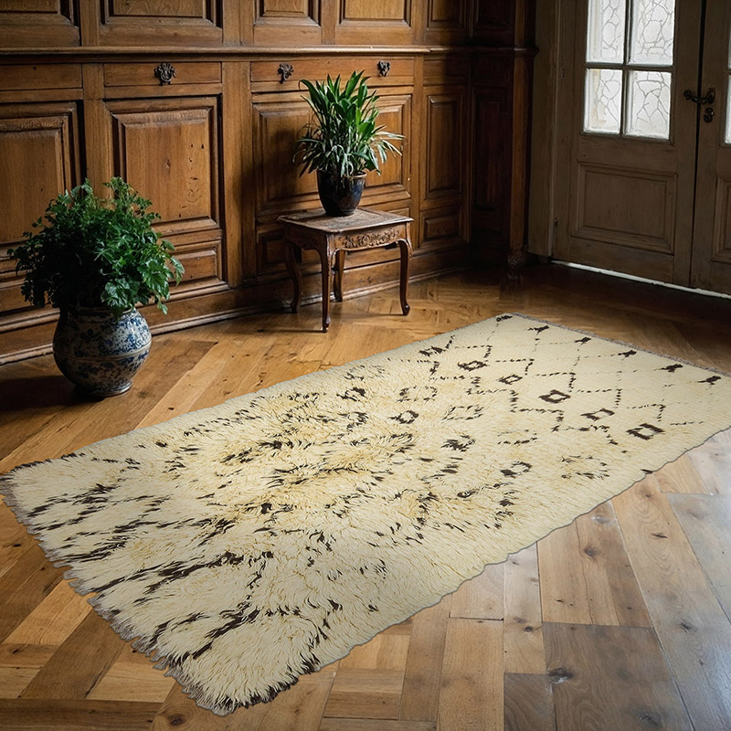 Bej, Kahverengi Yeni Fas Stili El Dokuma Tulu - 122 cm x 220 cm - K0033209
