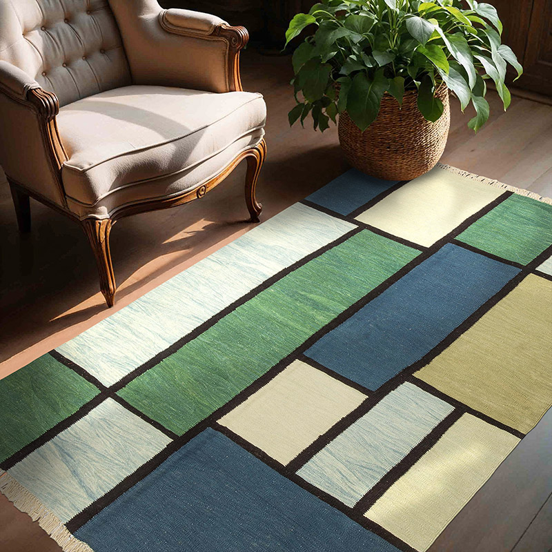 Green, Blue New Handwoven Turkish Kilim Rug - 4' 10" x 6' 5" (58" x 77") - K0033228