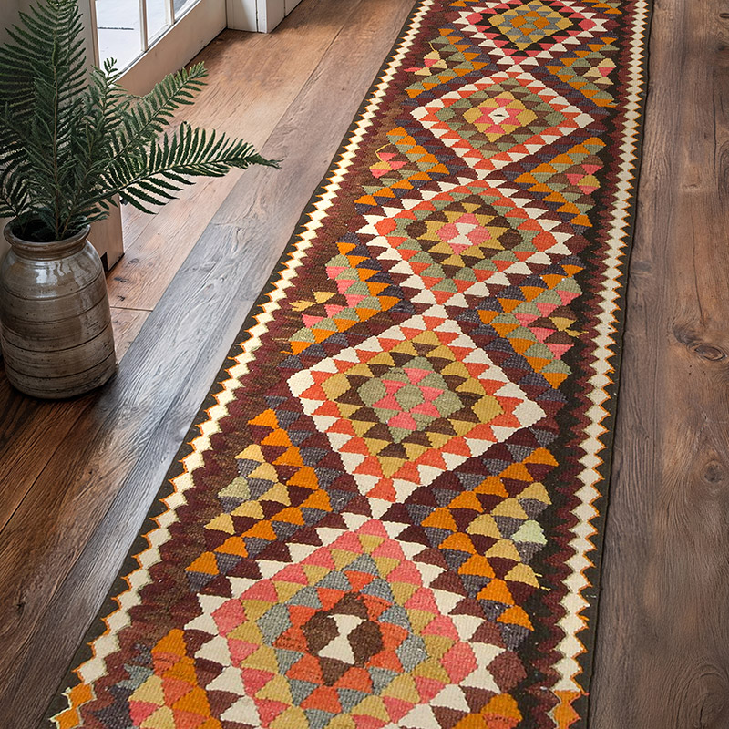 Çok Renkli Vintage Anadolu Kilim Yolluk - 90 cm x 373 cm - K0033756