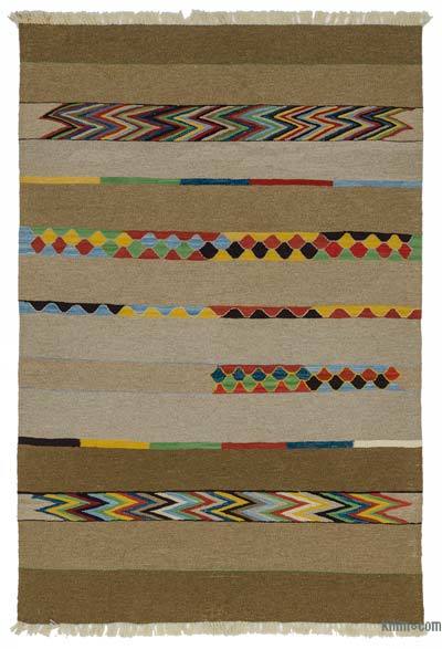 Bej, Kahverengi Yeni Kök Boya El Dokuma Kilim - 124 cm x 186 cm