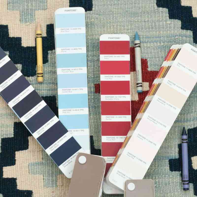 Azul claro, Azul Oscuro Nueva Alfombra Turca Kilim - 125 cm x 187 cm - K0033786