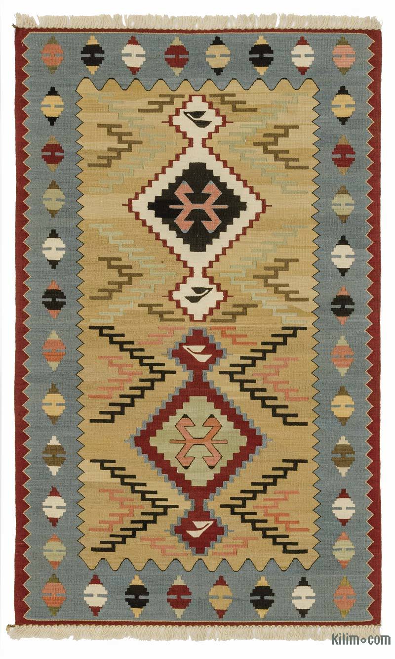 Bej, Açık Mavi Yeni Kök Boya El Dokuma Kilim - 97 cm x 160 cm - K0033831