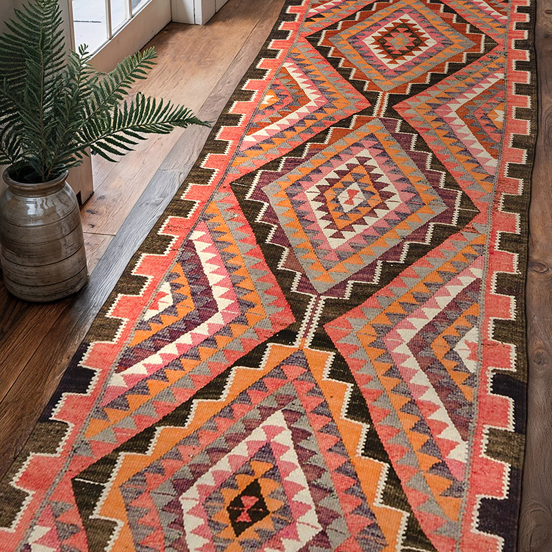 Çok Renkli Vintage Anadolu Kilim Yolluk - 98 cm x 306 cm - K0034209