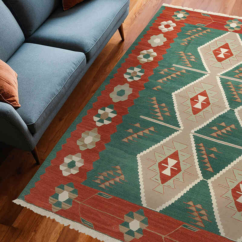 Green, Red New Handwoven Turkish Kilim Rug - 8' 3" x 8' 4" (99" x 100") - K0035985