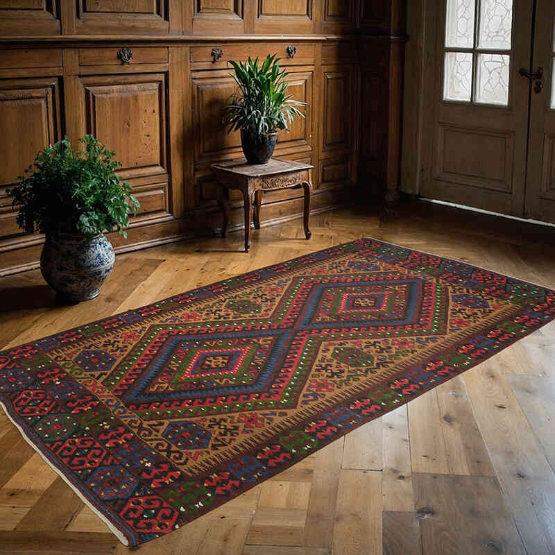 Multicolor Vintage Fethiye Kilim Rug - 4' 3" x 7' 9" (51" x 93") - K0036437
