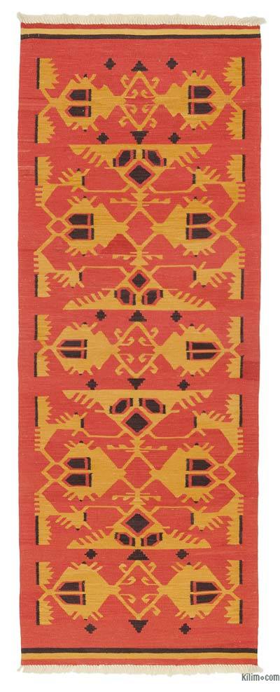 Red, Yellow New Turkish Kilim Runner - 3' 1" x 8' 1" (37 in. x 97 in.)