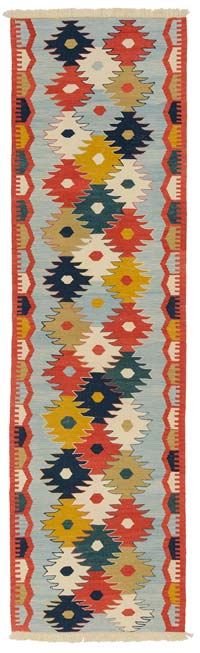 Blue, Multicolor New Turkish Kilim Runner - 2' 9" x 10' 2" (33" x 122")