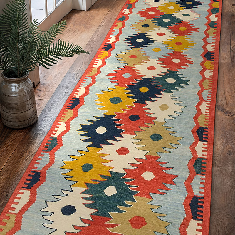 Blue, Multicolor New Turkish Kilim Runner - 2' 9" x 10' 2" (33" x 122") - K0036486