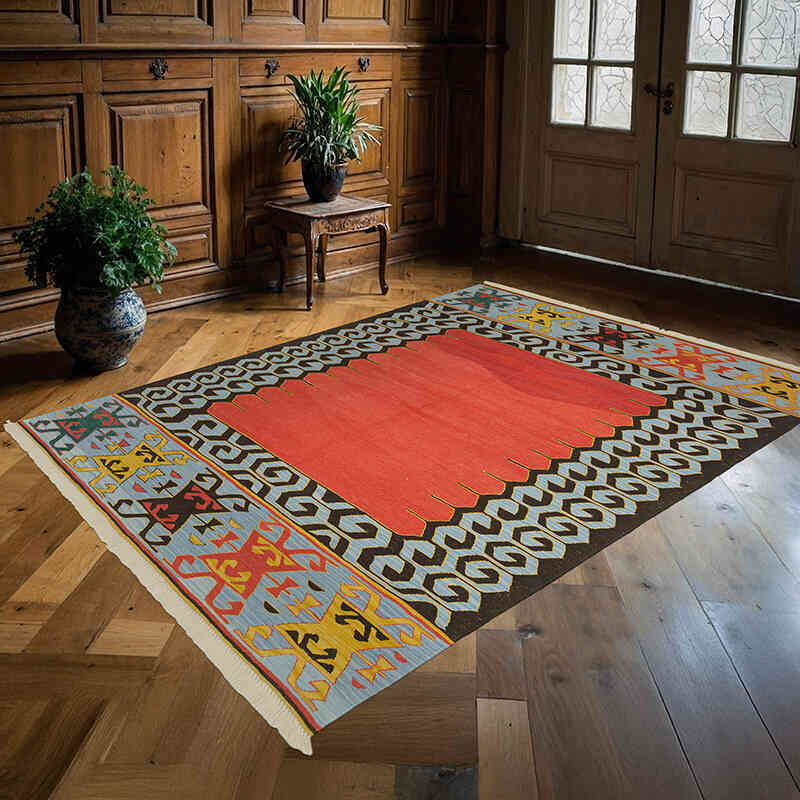 Kırmızı, Çok Renkli Yeni Kök Boya El Dokuma Kilim - 173 cm x 233 cm - K0036518