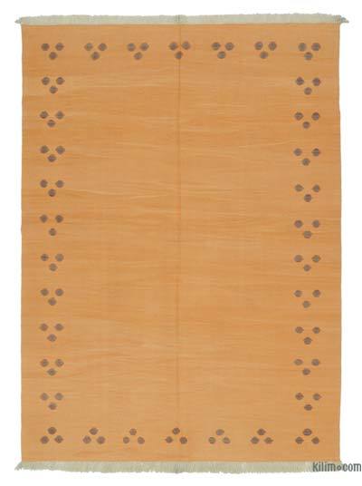 黄色土耳其新手工编织Kilim地毯- 5英尺9英寸x7英尺9英寸(69英寸)。x 93。)