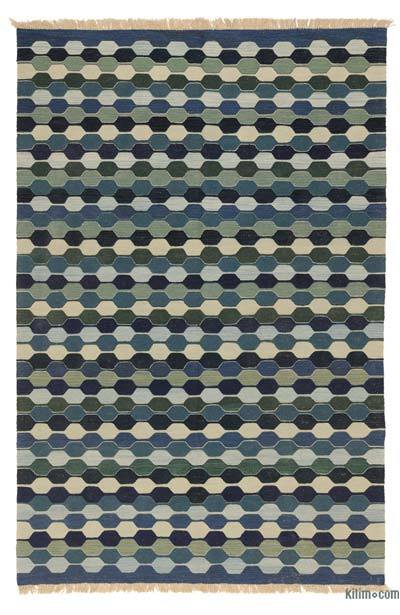 Azul Oscuro, Verde Nueva Alfombra Turca Kilim