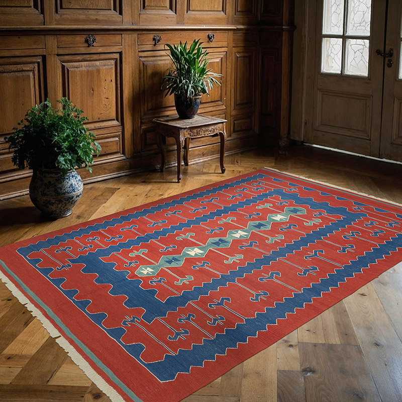 Red, Blue New Handwoven Turkish Kilim Rug - K0036521