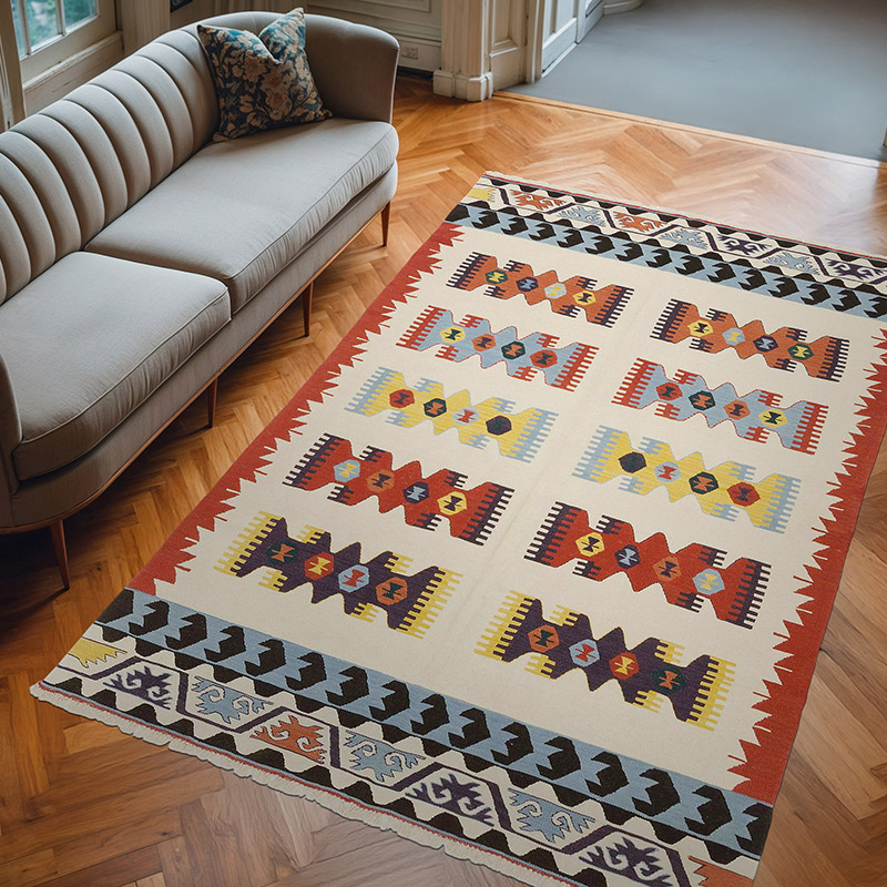 Beige, Multicolor New Handwoven Turkish Kilim Rug - 6'  x 8' 11" (72" x 107") - K0036523