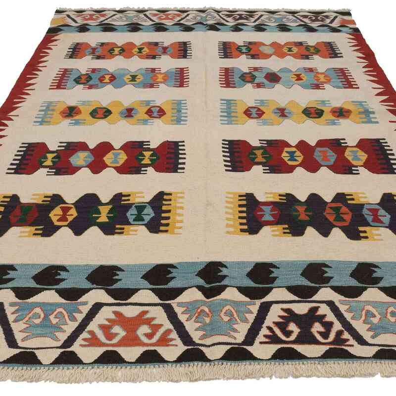 Bej, Çok Renkli Yeni El Dokuma Kilim - K0036524