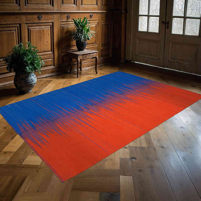Blue, Orange Neo Caspian Kilim Rug - 5' 10" x 8' 8" (70" x 104") - K0037028