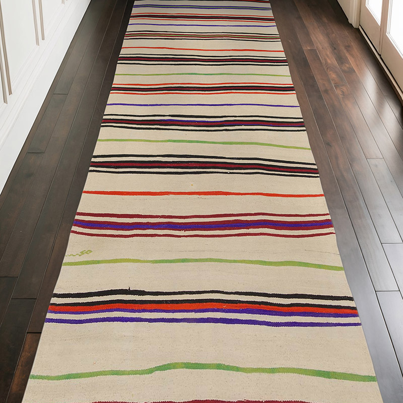 Beige, Multicolor Vintage Turkish Kilim Rug - 4' 6" x 12' 6" (54" x 150") - K0037889