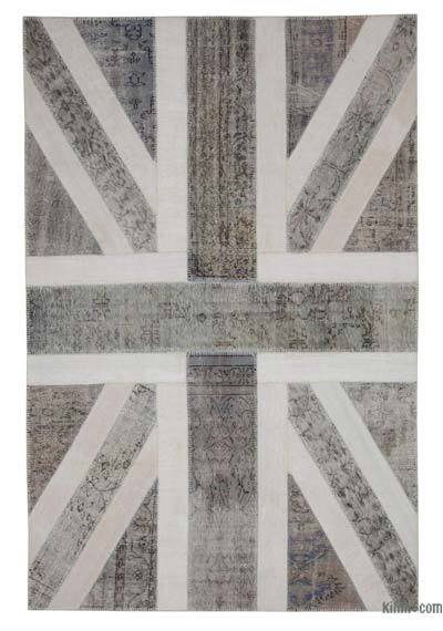 Gri İngiltere Bayraklı Patchwork Halı - 201 cm x 305 cm