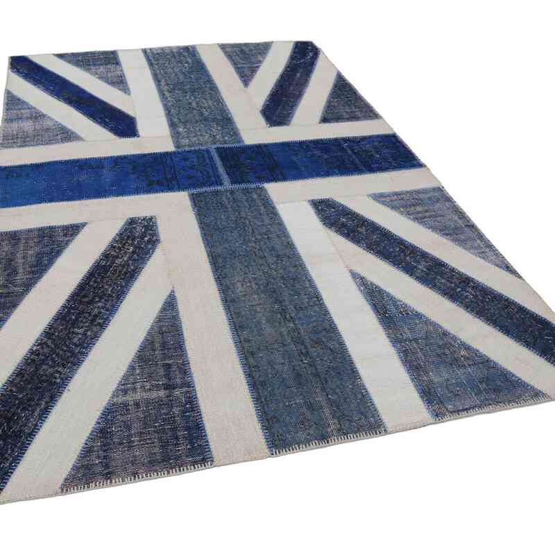 Blue, Beige Patchwork Hand-Knotted Turkish Rug - 6' 7" x 9' 11" (79" x 119") - K0038418