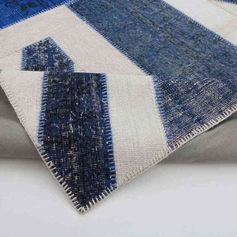 Blue, Beige Patchwork Hand-Knotted Turkish Rug - 6' 7" x 9' 11" (79" x 119") - K0038418
