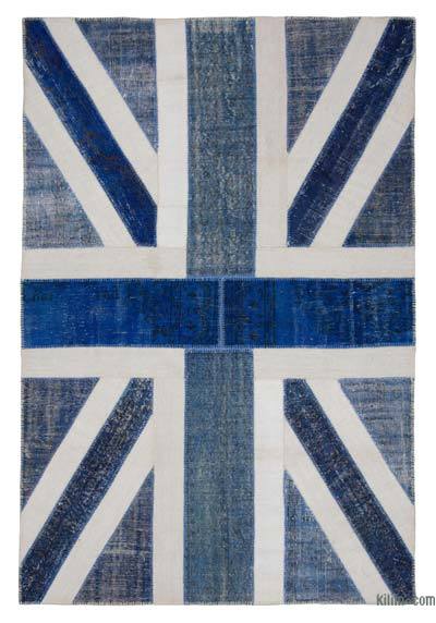 Blue, Beige Patchwork Hand-Knotted Turkish Rug - 6' 7" x 9' 11" (79 in. x 119 in.)