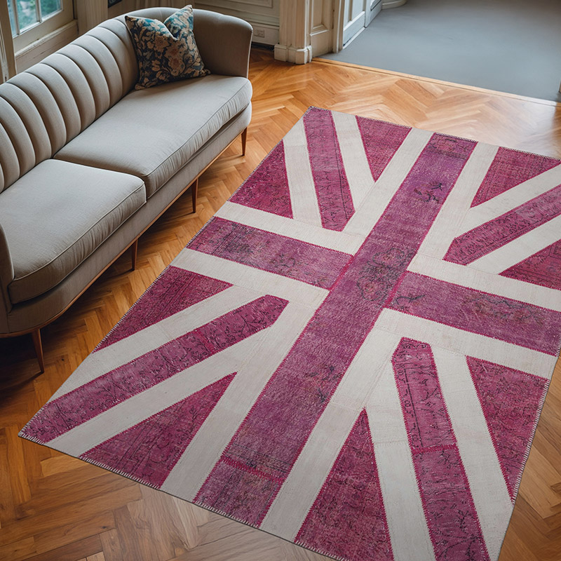 Pembe İngiltere Bayraklı Patchwork Halı - 208 cm x 305 cm - K0038420
