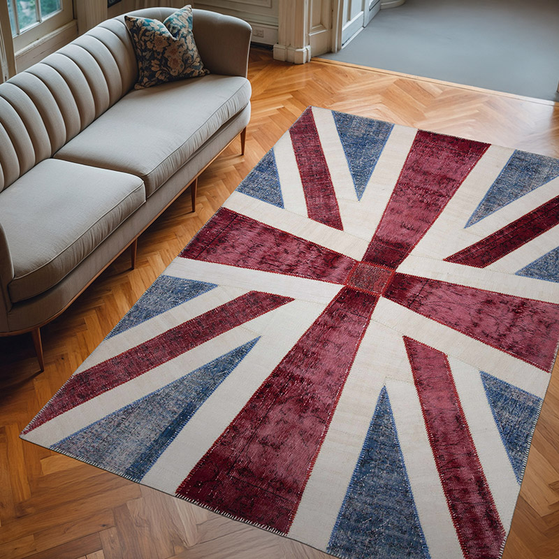 Çok Renkli İngiltere Bayraklı Patchwork Halı - 205 cm x 305 cm - K0038438