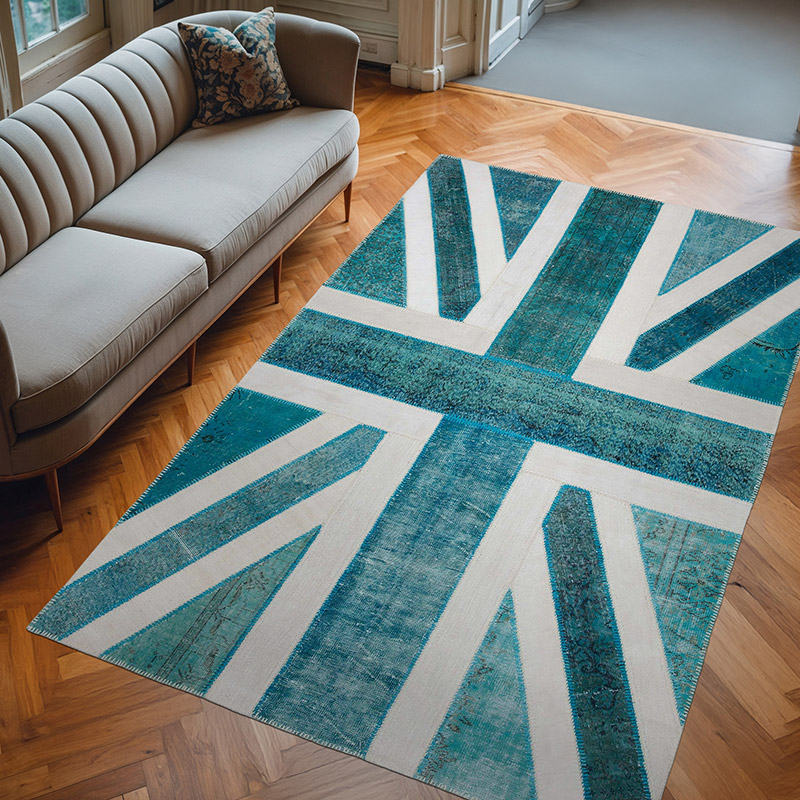 Aqua Patchwork Hand-Knotted Turkish Rug - 6' 4" x 10'  (76" x 120") - K0038440