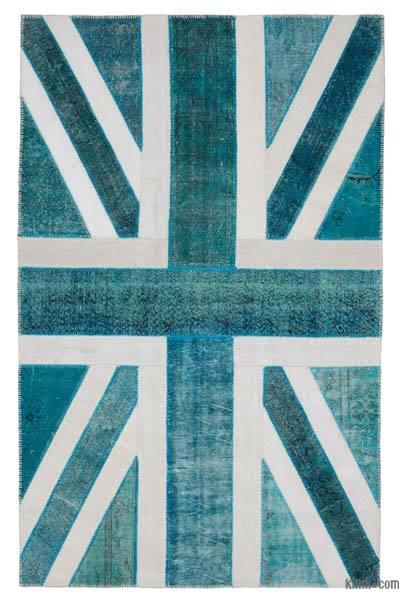 Mavi-Yeşil İngiltere Bayraklı Patchwork Halı - 193 cm x 304 cm