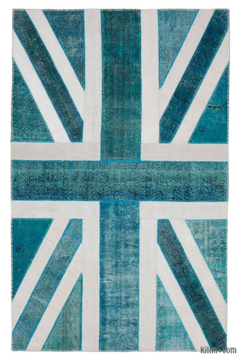 Mavi-Yeşil İngiltere Bayraklı Patchwork Halı - 193 cm x 304 cm - K0038440