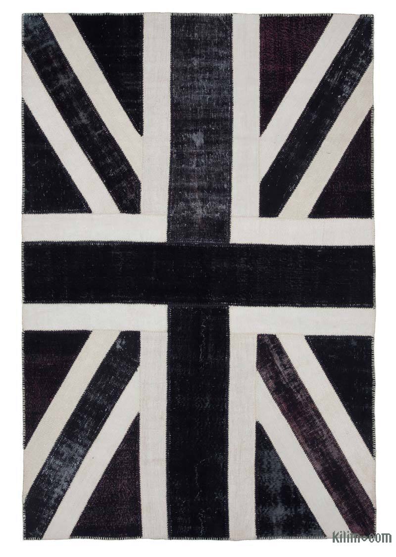 Siyah İngiltere Bayraklı Patchwork Halı - 203 cm x 302 cm - K0038441