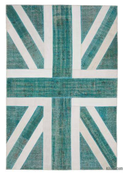 Aqua Patchwork Hand-Knotted Turkish Rug - 6' 8" x 10'  (80 in. x 120 in.)