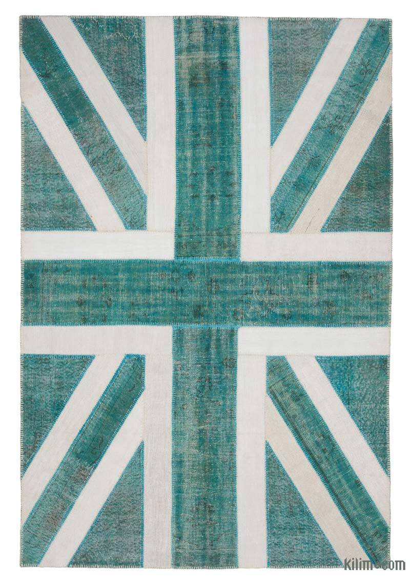 Mavi-Yeşil İngiltere Bayraklı Patchwork Halı - 204 cm x 304 cm - K0038442
