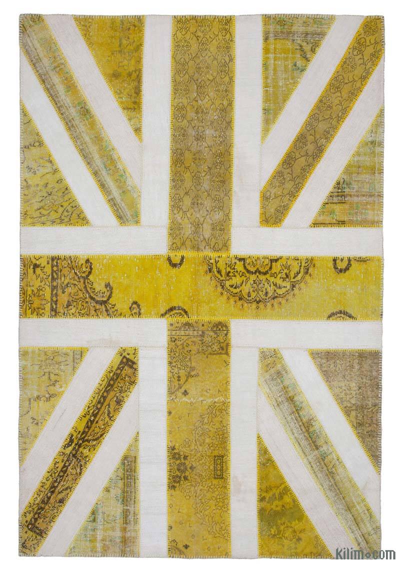 Yellow Patchwork Hand-Knotted Turkish Rug - 6' 9" x 10'  (81 in. x 120 in.) - K0038443